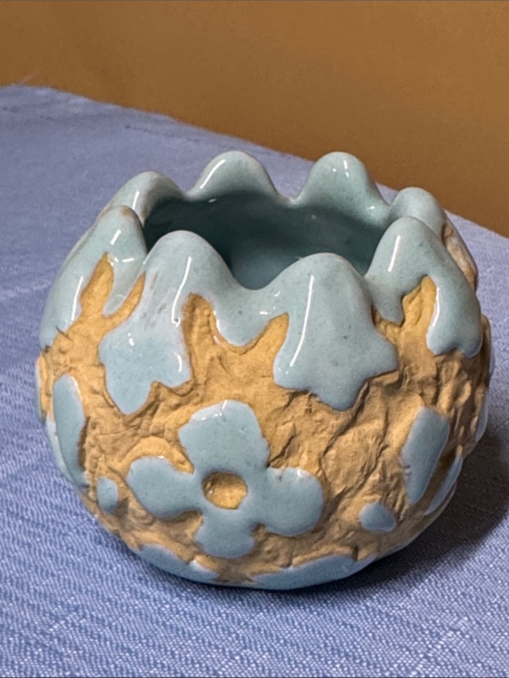 Sgraffito Italy Turquoise Pottery 3.5" Vase candle holder Signed, PV